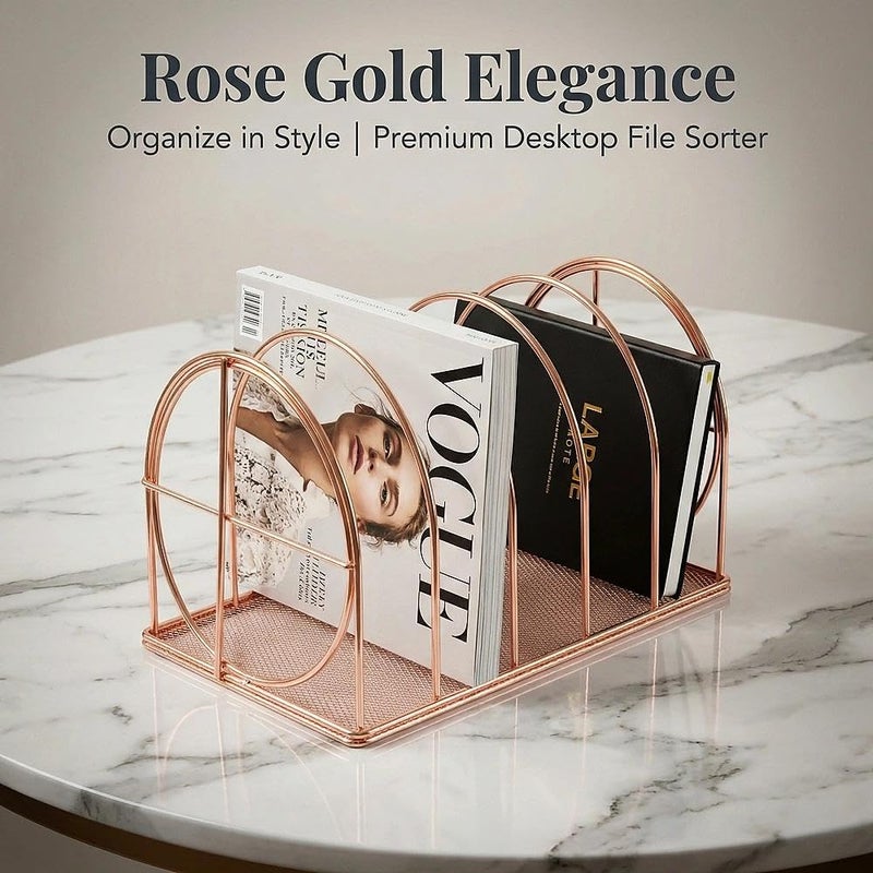 Simmer Stone File Sorter Organizer, 5 Section Magazine Holder Rack, Desktop Round Wire Book Stand for Mail, Paper, Document, Folder, Record and Desk Accessories, Rose Gold - Image 4